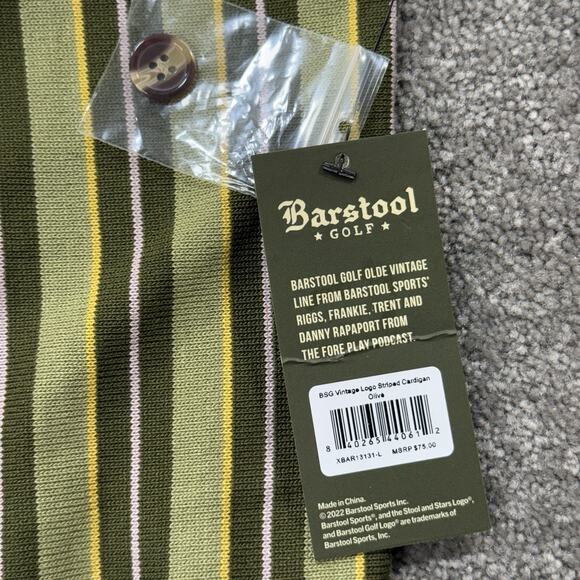 Barstool Golf Sweater Cardigan L Olive Green Stripe Button Up Long Sleeve Logo - Picture 9 of 9